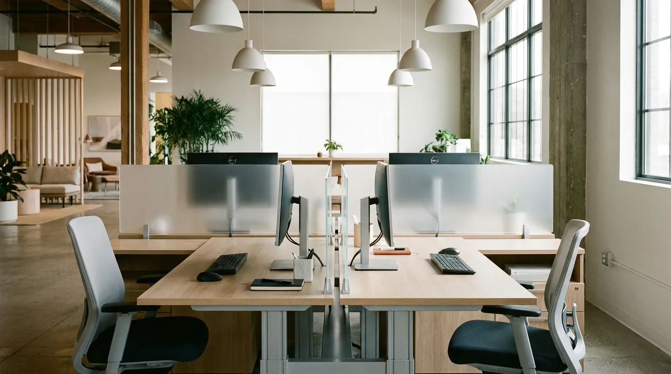 Penataan workstation kantor cluster 4 seater untuk tim kolaboratif