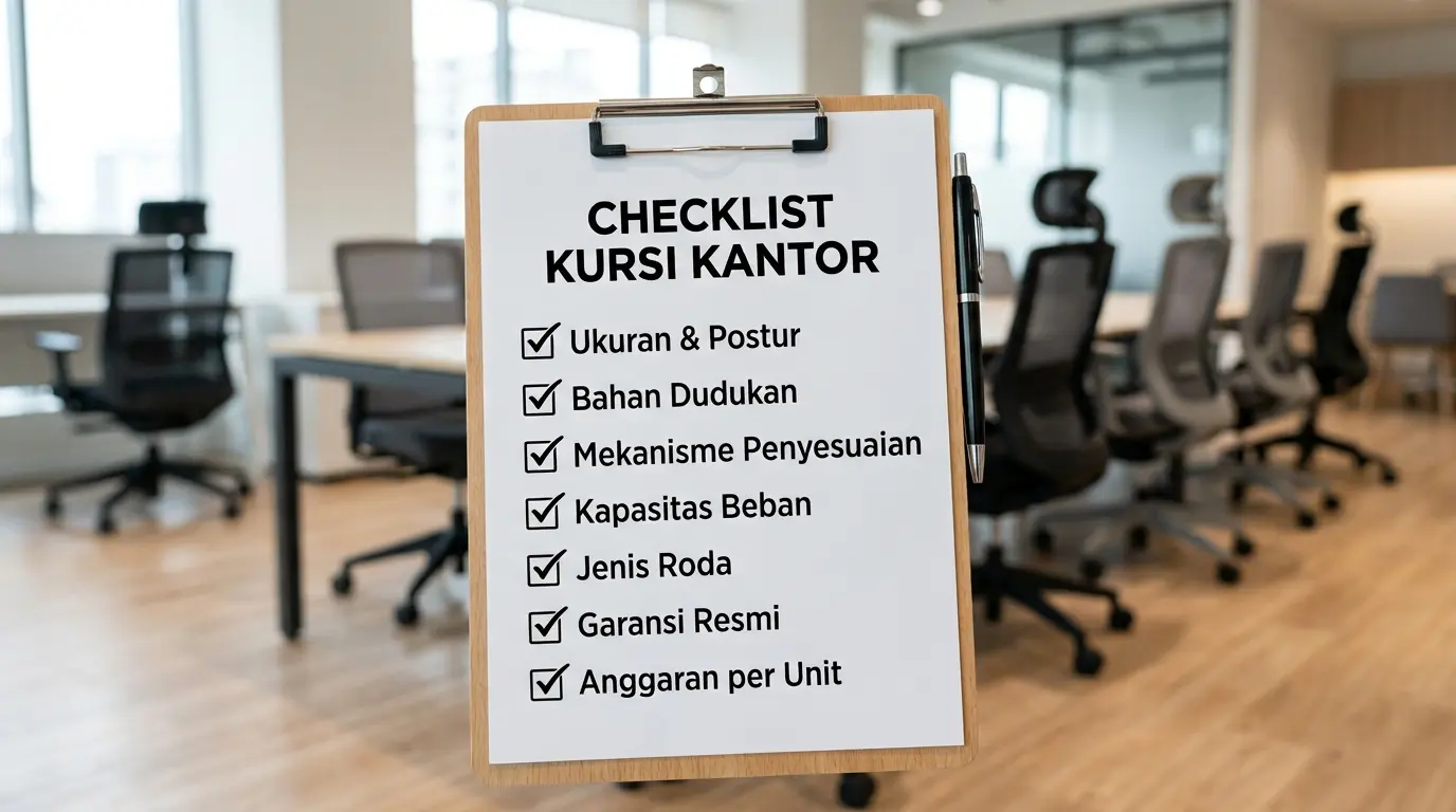 Checklist kursi kantor baru dengan deretan kursi ergonomis di latar belakang