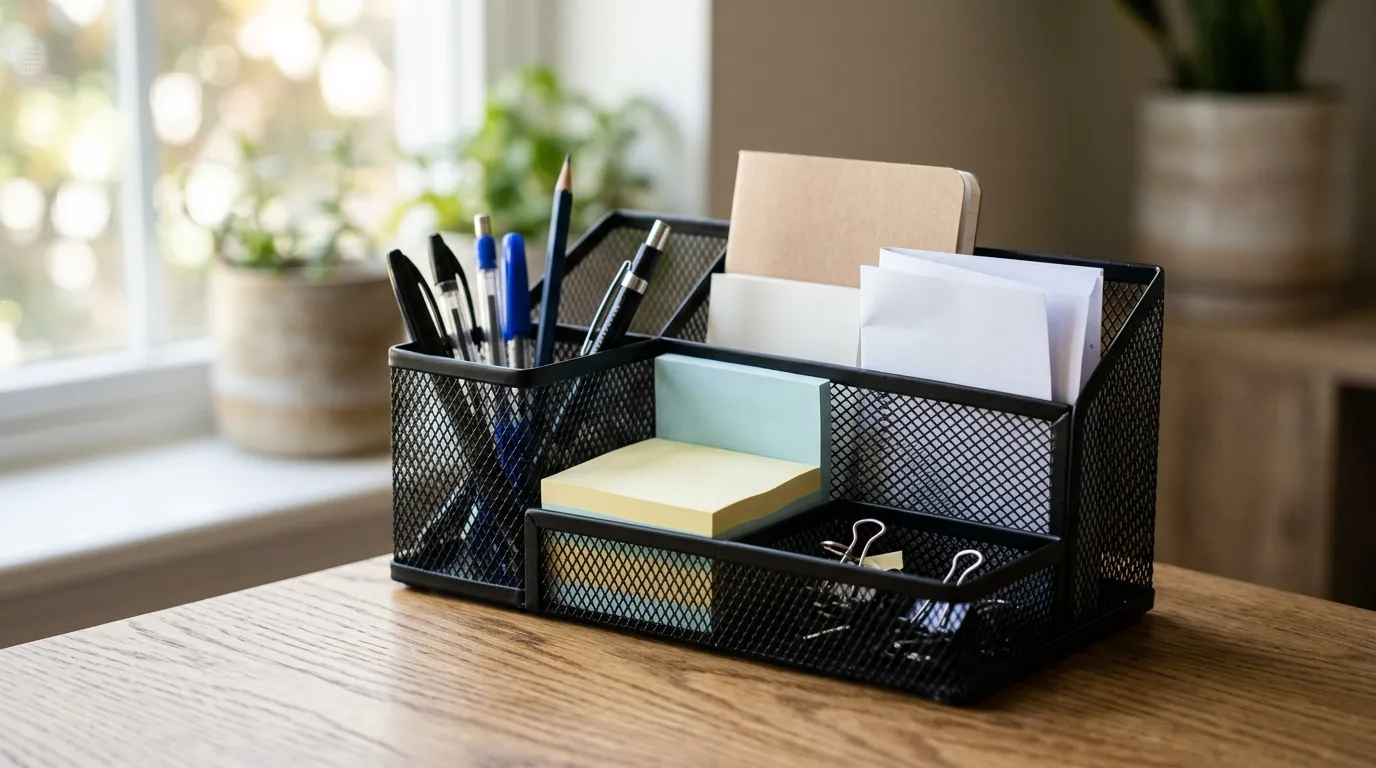 Desk organizer jaring besi berisi alat tulis tersusun rapi di meja kerja