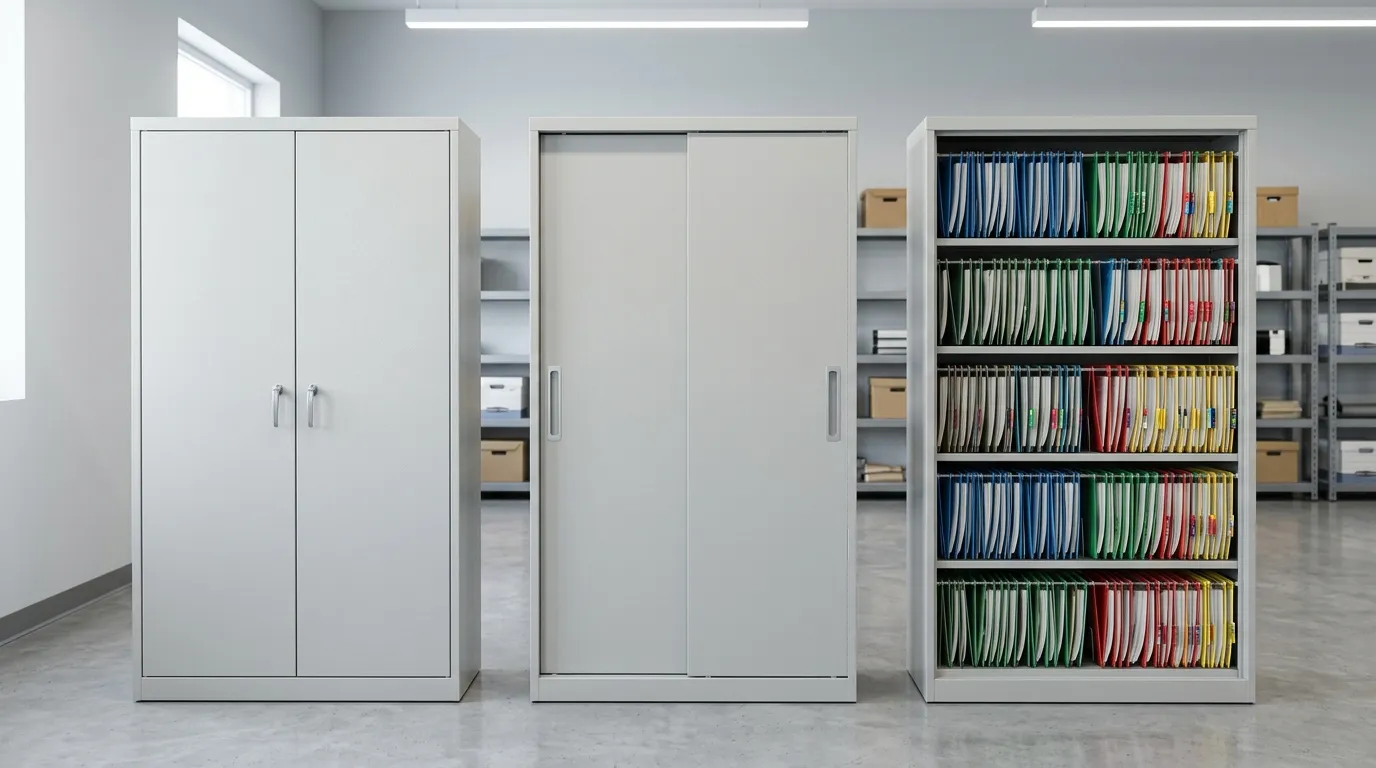 Perbandingan jenis lemari arsip pintu swing sliding dan rak terbuka di kantor modern