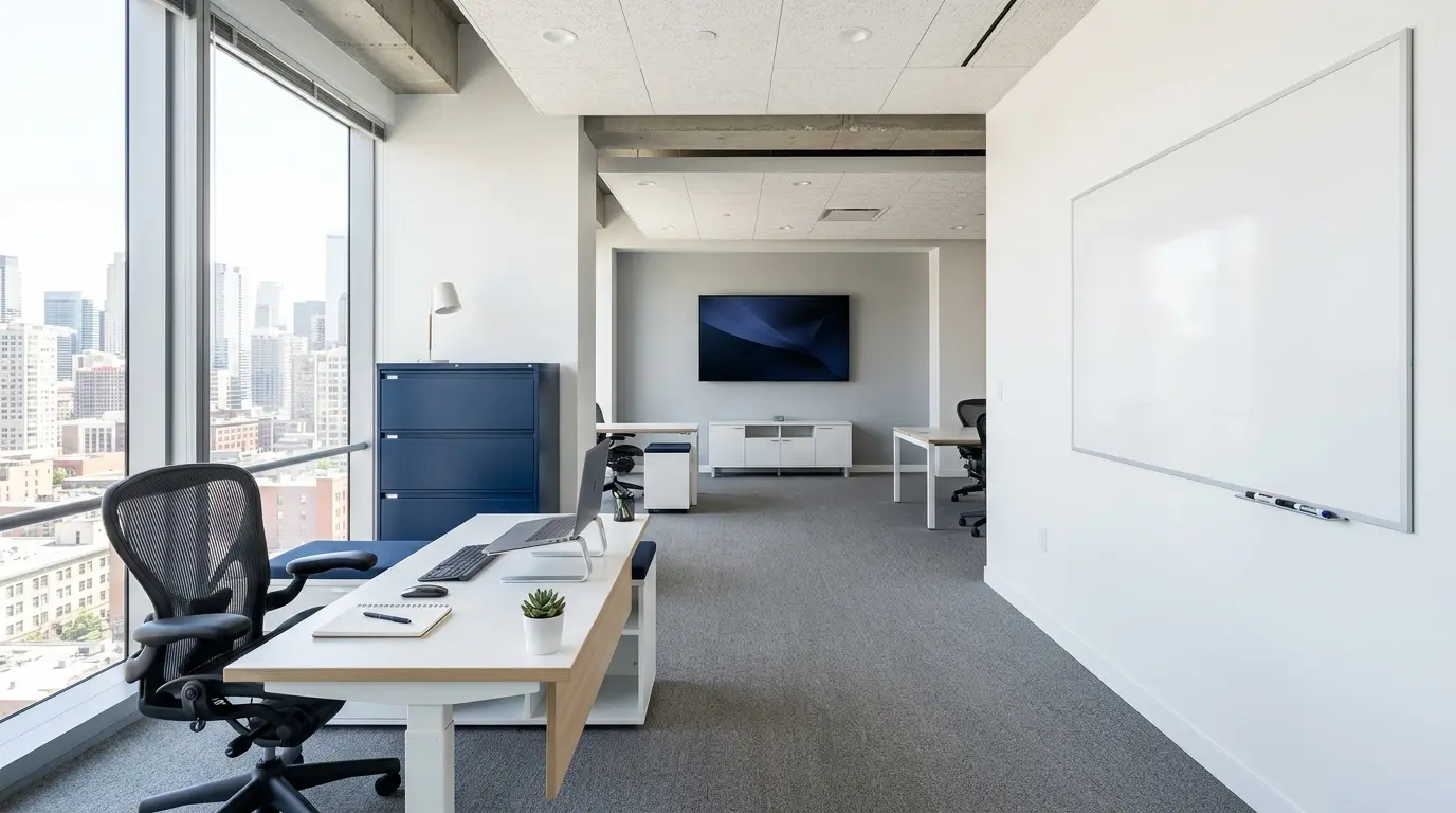 Berbagai jenis peralatan kantor mulai dari ATK furniture hingga videotron dalam satu ruang kerja modern