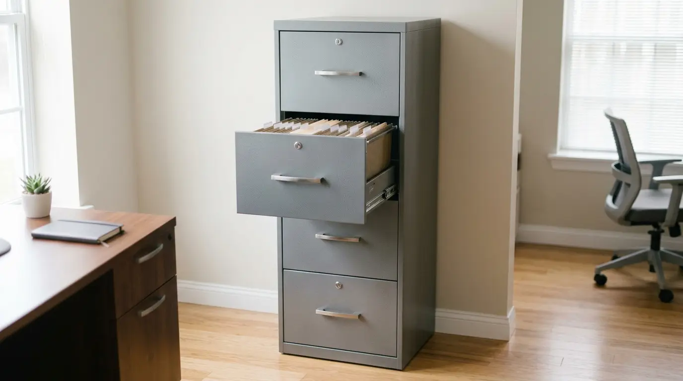 Filing cabinet besi dengan laci tarik vertikal untuk dokumen kantor