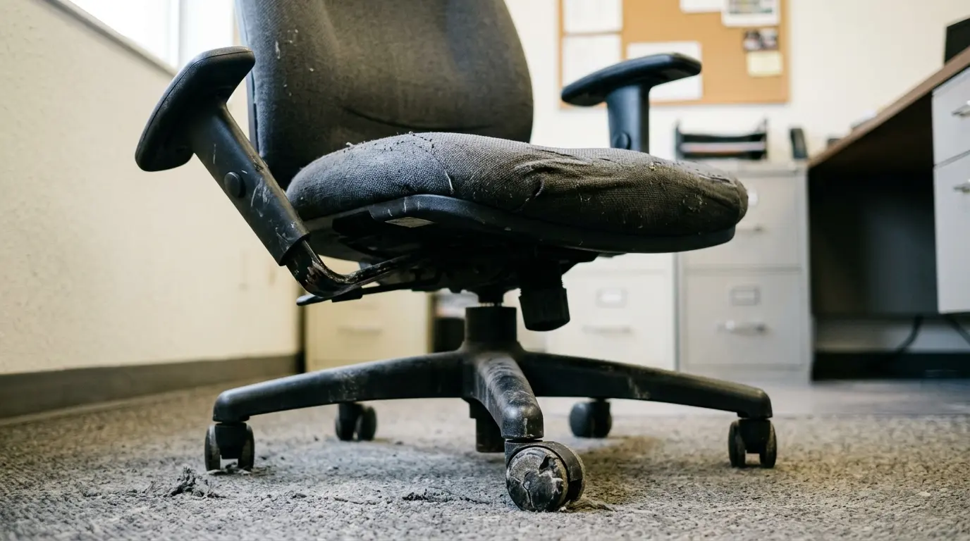 Kursi kantor lama dengan roda retak dan busa dudukan kempes tanda harus diganti