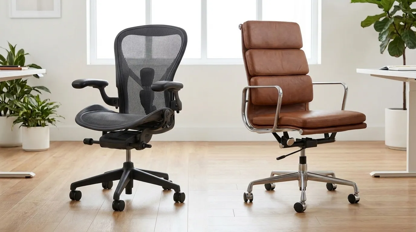 Perbandingan kursi kantor mesh dan kulit berdampingan