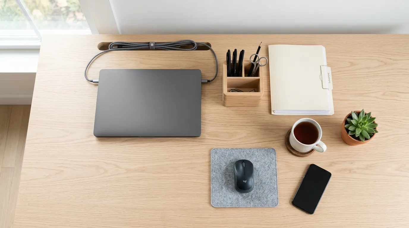 Meja kantor tertata rapi dengan desk organizer dan kabel tersembunyi