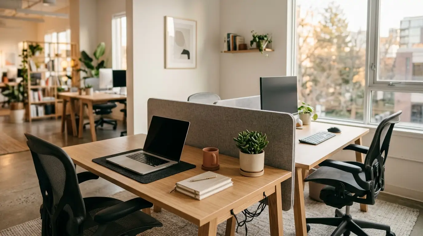 Dua meja kantor dengan partisi rendah tertata di sudut ruang kerja modern