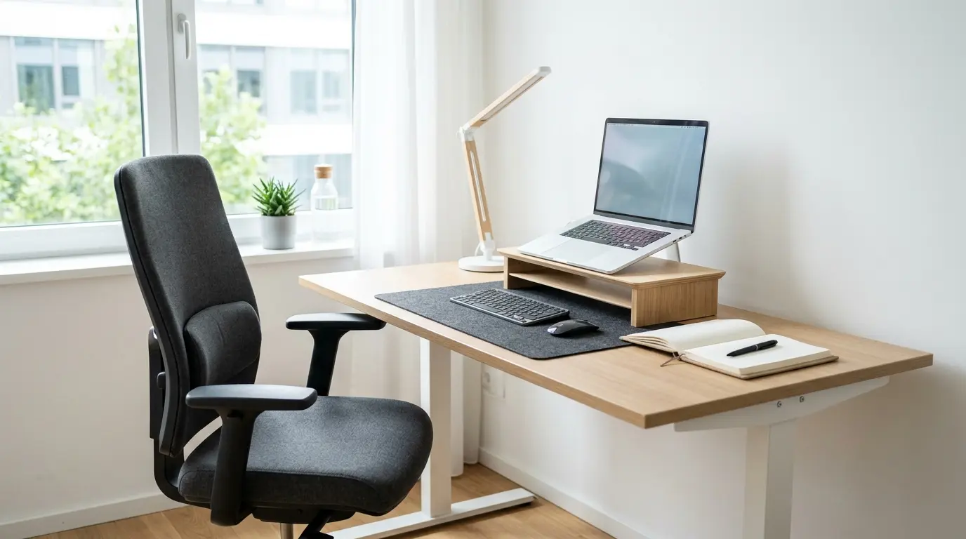Meja kantor dengan tinggi standar dan penataan kerja yang ergonomis
