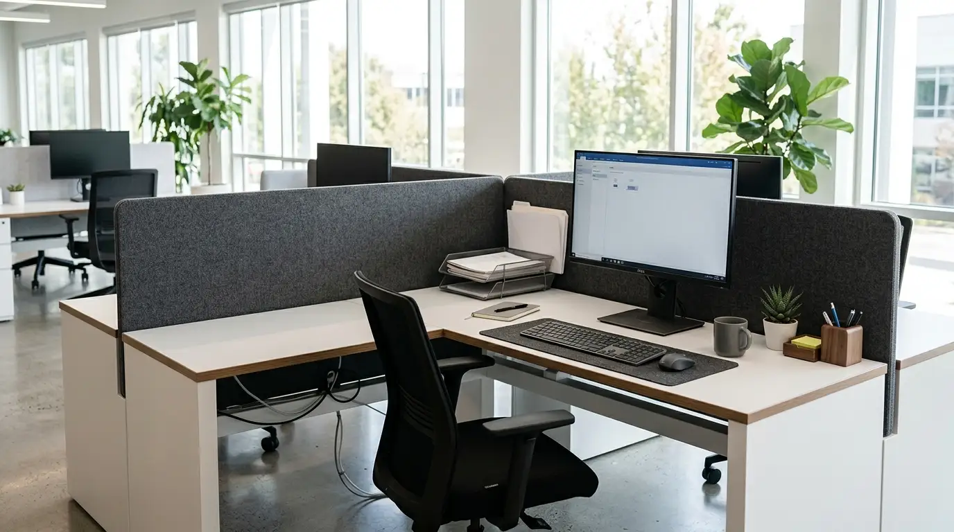 Meja kerja staff L-Shape dengan partisi sekat di ruang kantor