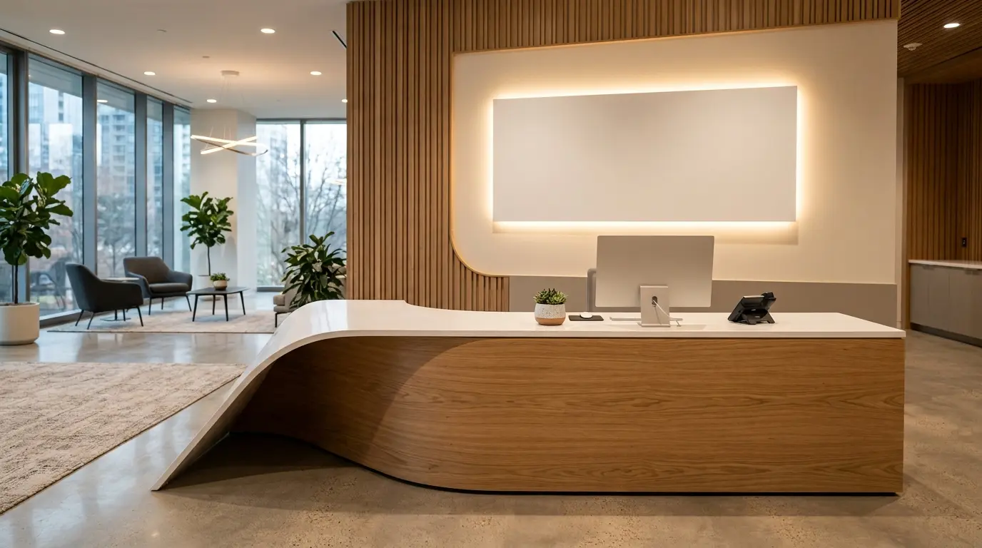 Meja resepsionis kantor custom dengan logo dan pencahayaan LED