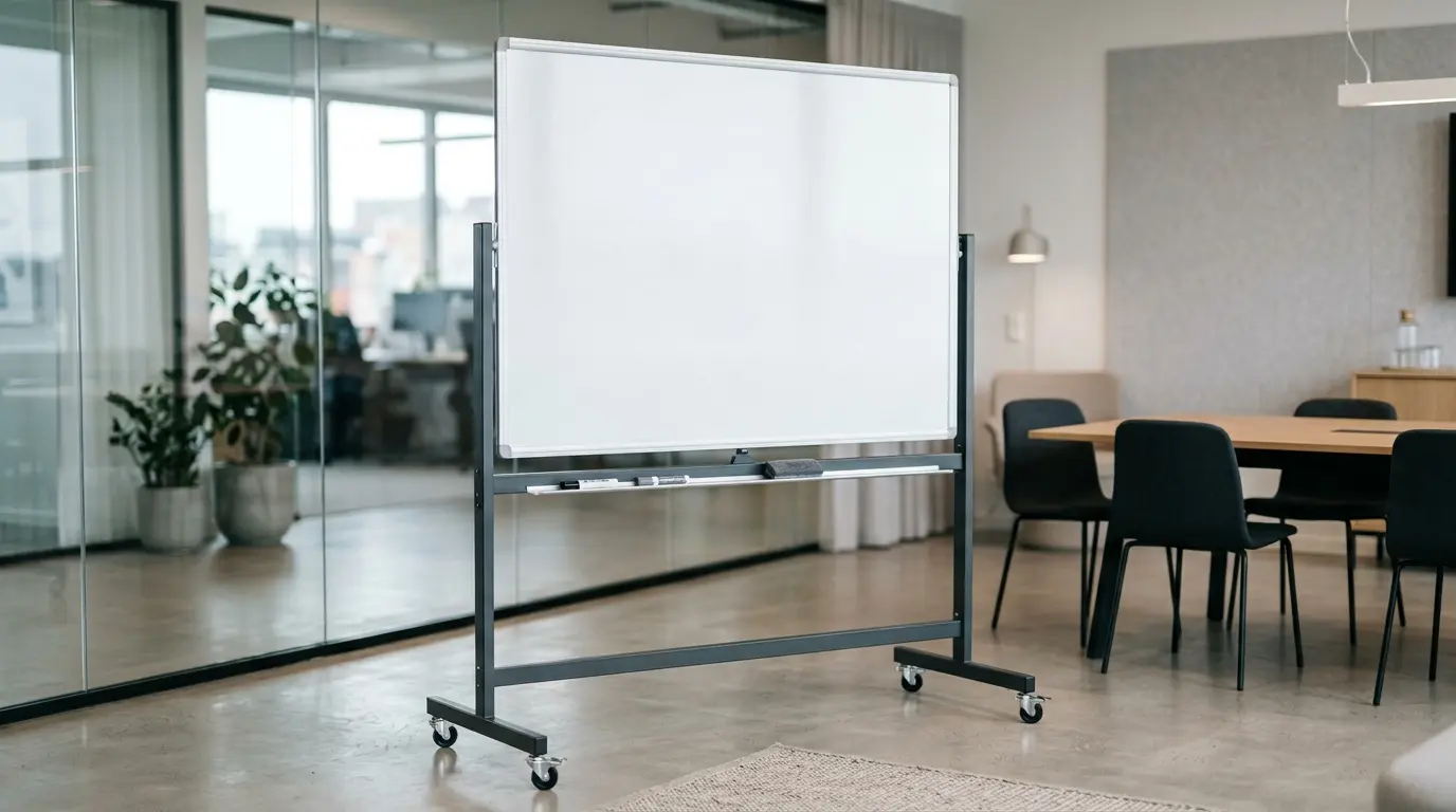 Whiteboard portable beroda dengan kaki penyangga besi di ruang meeting
