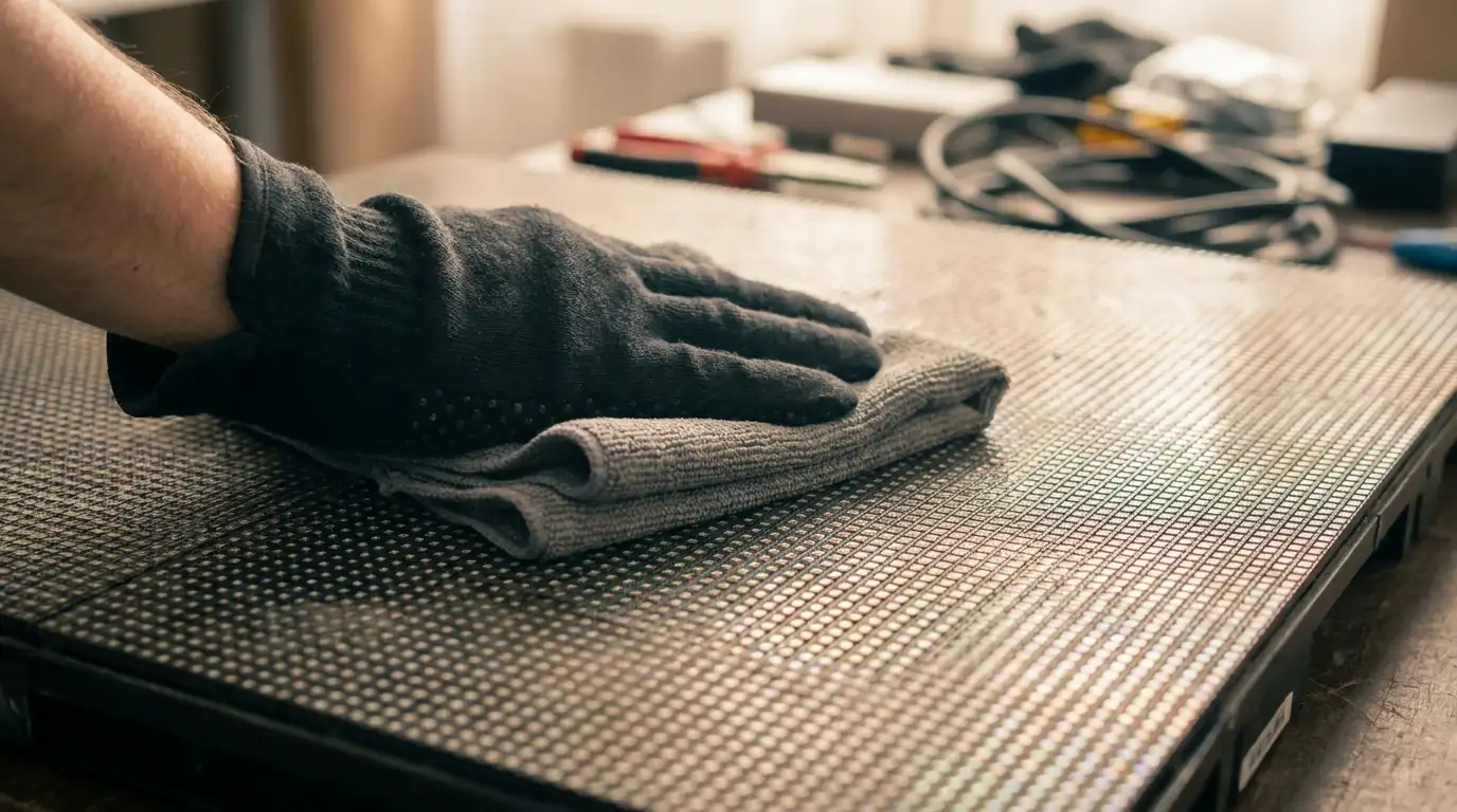 Perawatan rutin layar videotron dengan kain microfiber untuk menjaga keawetan