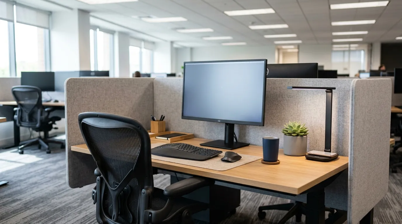 Perlengkapan kantor unik seperti tanaman mini dan tumbler di meja kerja kantor