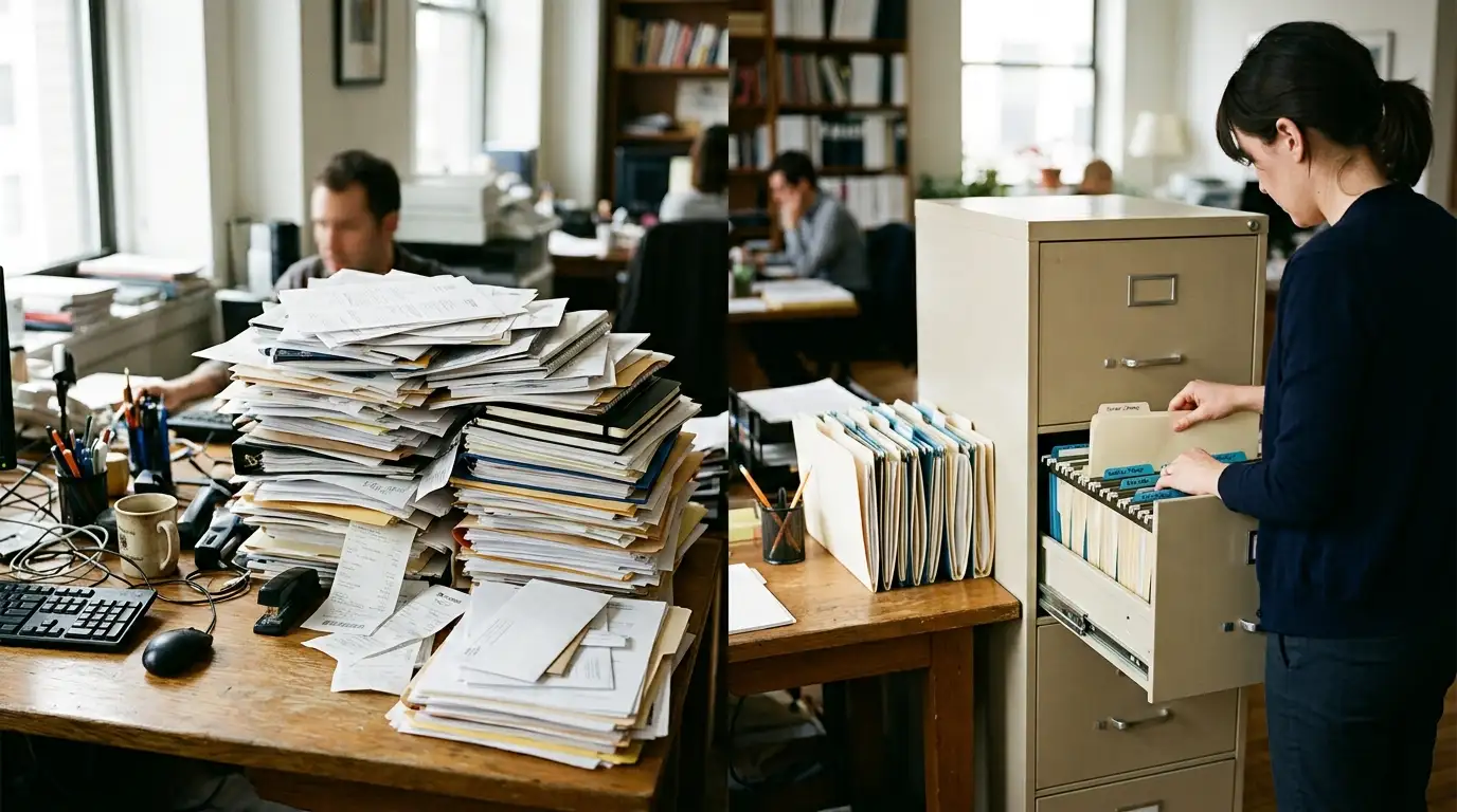 Dokumen kantor yang menumpuk sedang dirapikan ke dalam folder dan lemari arsip