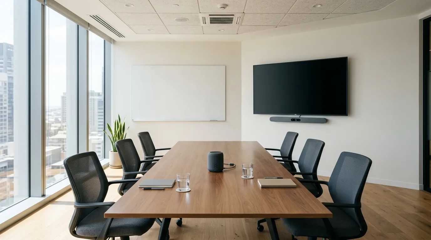 Ruang meeting kantor dengan whiteboard, layar presentasi, dan meja rapat lengkap