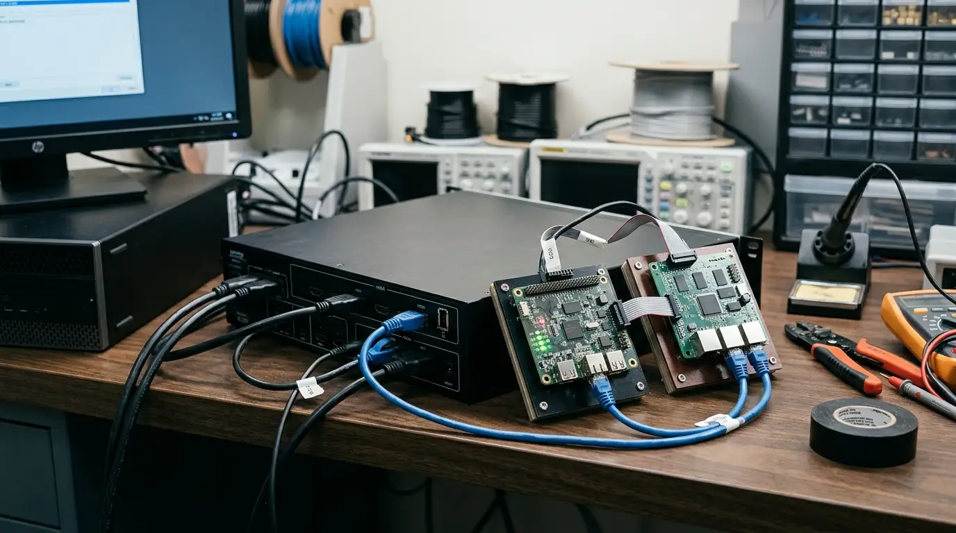 HDMI processor terhubung ke PC untuk sinkronisasi konten videotron