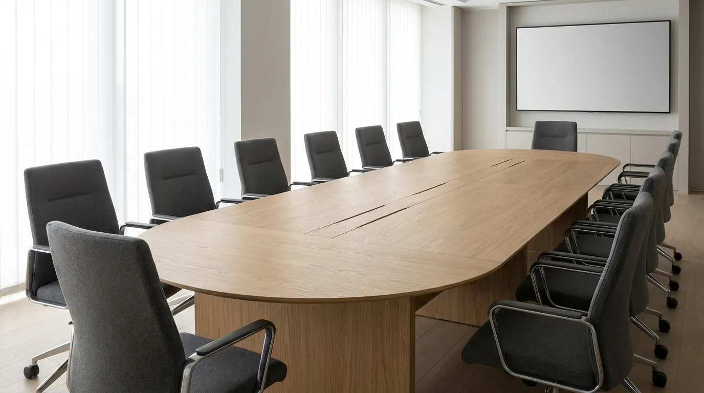 Meja rapat kantor oval bahan MFC untuk kapasitas 10-20 orang