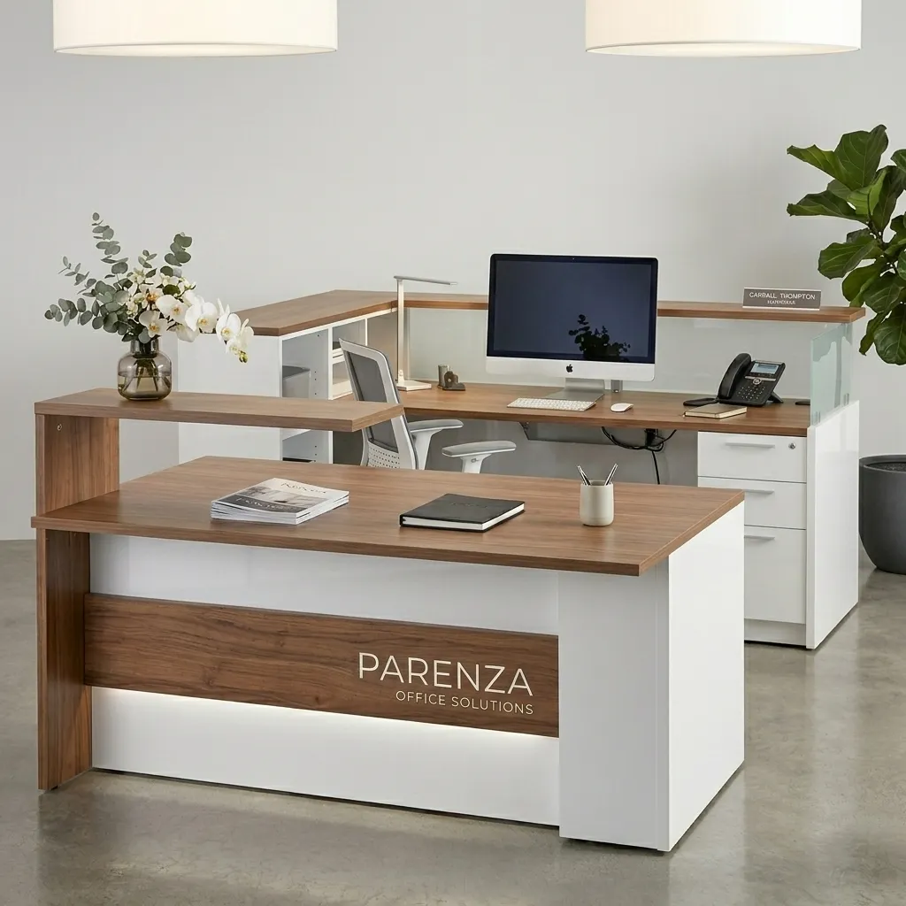 Meja resepsionis kantor elegan desain modern untuk lobi utama instansi